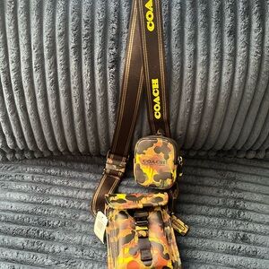 COACH Men's Orange Yellow Brown Camo Crossbody Messenger Bag